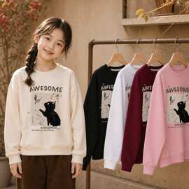女童春秋卫衣2026新春秋款上衣女孩国风长袖衣服薄款百搭黑猫卫衣