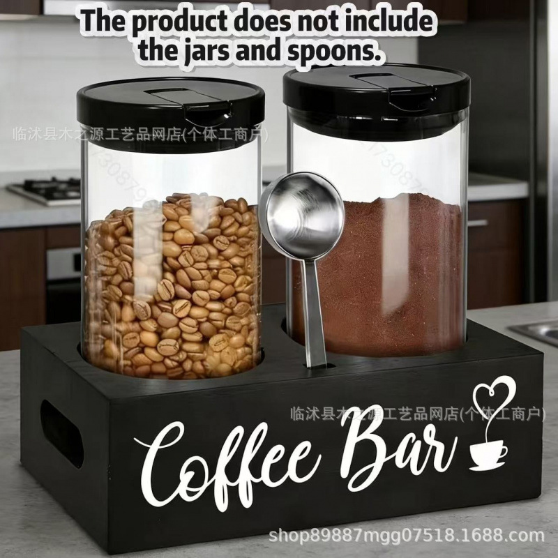 Wooden Coffee Bar Double Jar Sealed Storage Box Coffee Bean Coffee Powder Storage Box, Without Jar and Spoon
