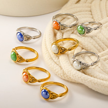 欧美时尚复古花纹镶陶瓷钛钢戒指女  高级感轻奢小众设计指环批发