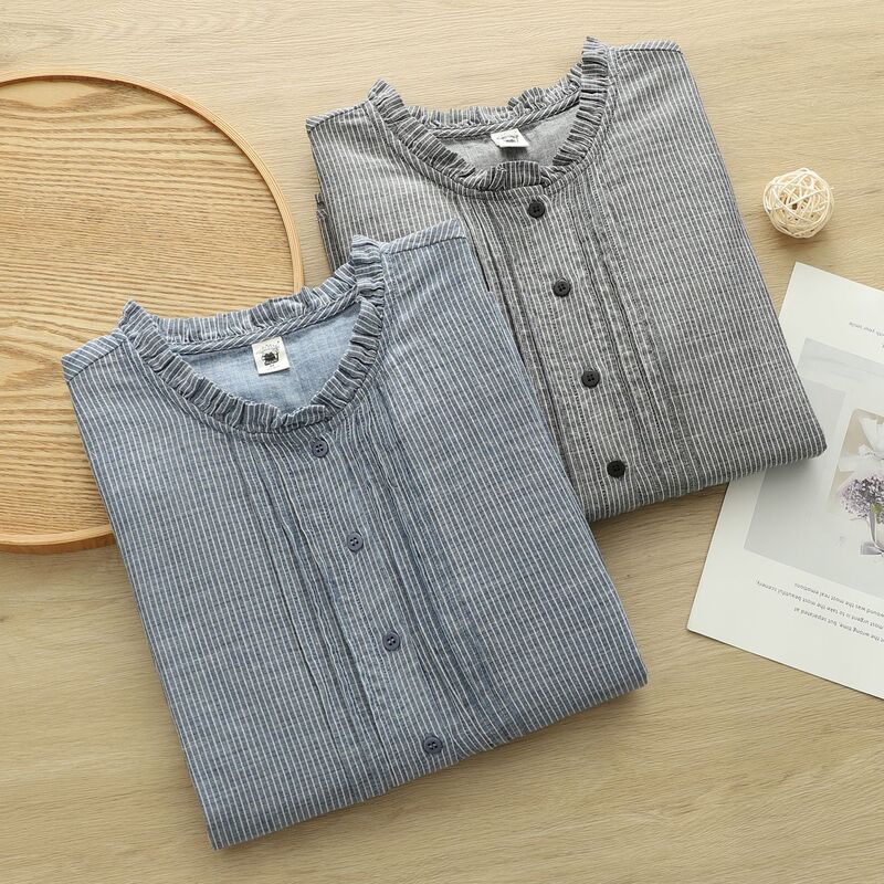 Korean-style vintage lace collar pure cotton striped women's shirt, double-layer cotton gauze loose-fitting artistic women's blouse