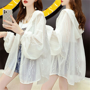 Mid-Length, Fairy-Like, Irregular and Popular Summer 2025 Design Lace Long-Sleeved Sun Protection Hooded Jacket for Women