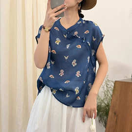 立领斜襟盘扣苎麻小衫夏季新中式上衣2026新款复古印花茶服26190