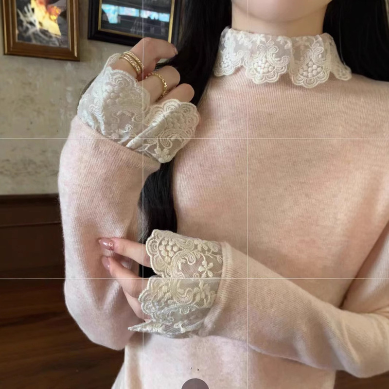 Korean Style Lace Stitching High Neck Long Sleeve Sweater 2024 Winter New Slim Look Slim-Fit Gentle Base Top Women