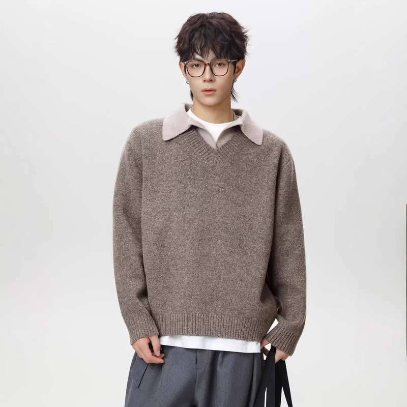 Old Money Style Fake Two-Piece V-Neck Sweater for Men, Autumn and Winter Trendy Brand Vibe Polo Base Shirt, Loose Knitwear