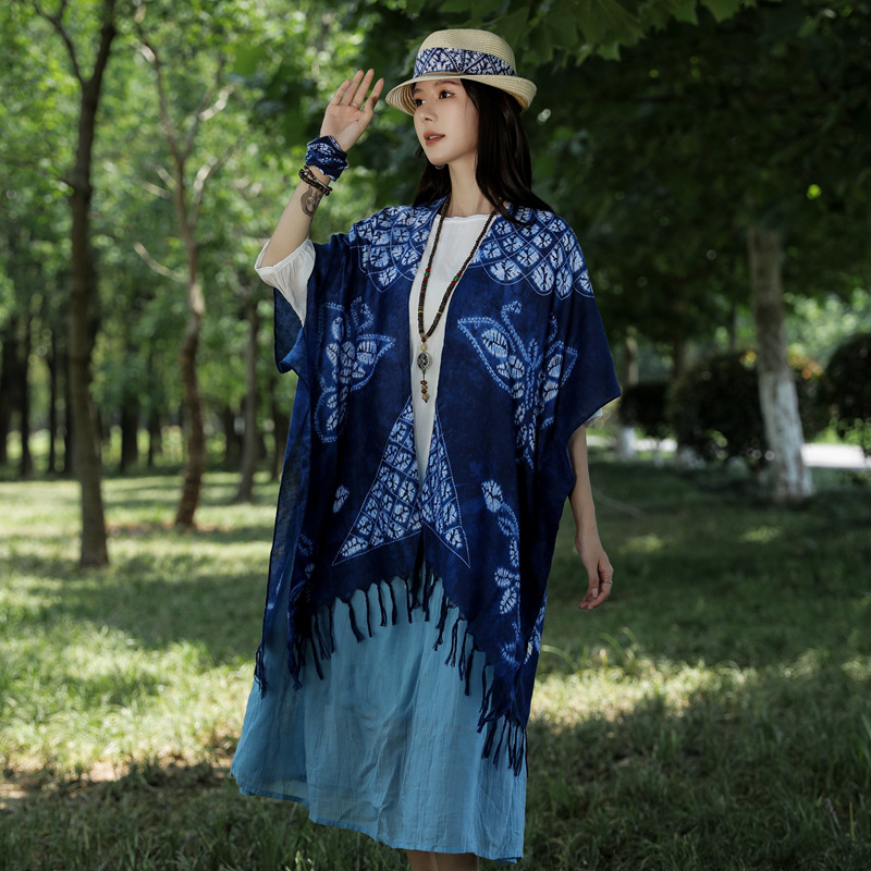 Nuevo estilo étnico teñido con lazo chal de viaje de Yunnan ropa exterior algodón y lino de las mujeres sienten bufanda capa protector solar borla cardigan