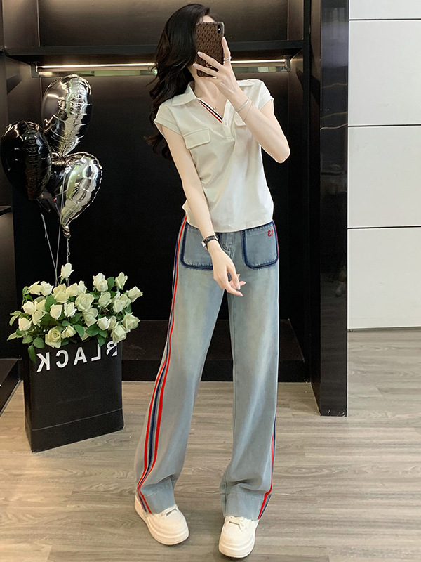 时尚潮流休闲运动套装女夏2025新款无袖衬衫上衣牛仔阔腿裤两件套|undefined