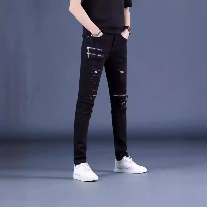 Stretch Pants Skinny Pants Spring and Autumn Jeans Men's Zipper Pants Ripped Patch Spring and Summer Popular Jeans Stretch Pants Skinny Pants Spring and Autumn Jeans Men's Zipper Pants Ripped Patch Spring and Summer Popular Jeans