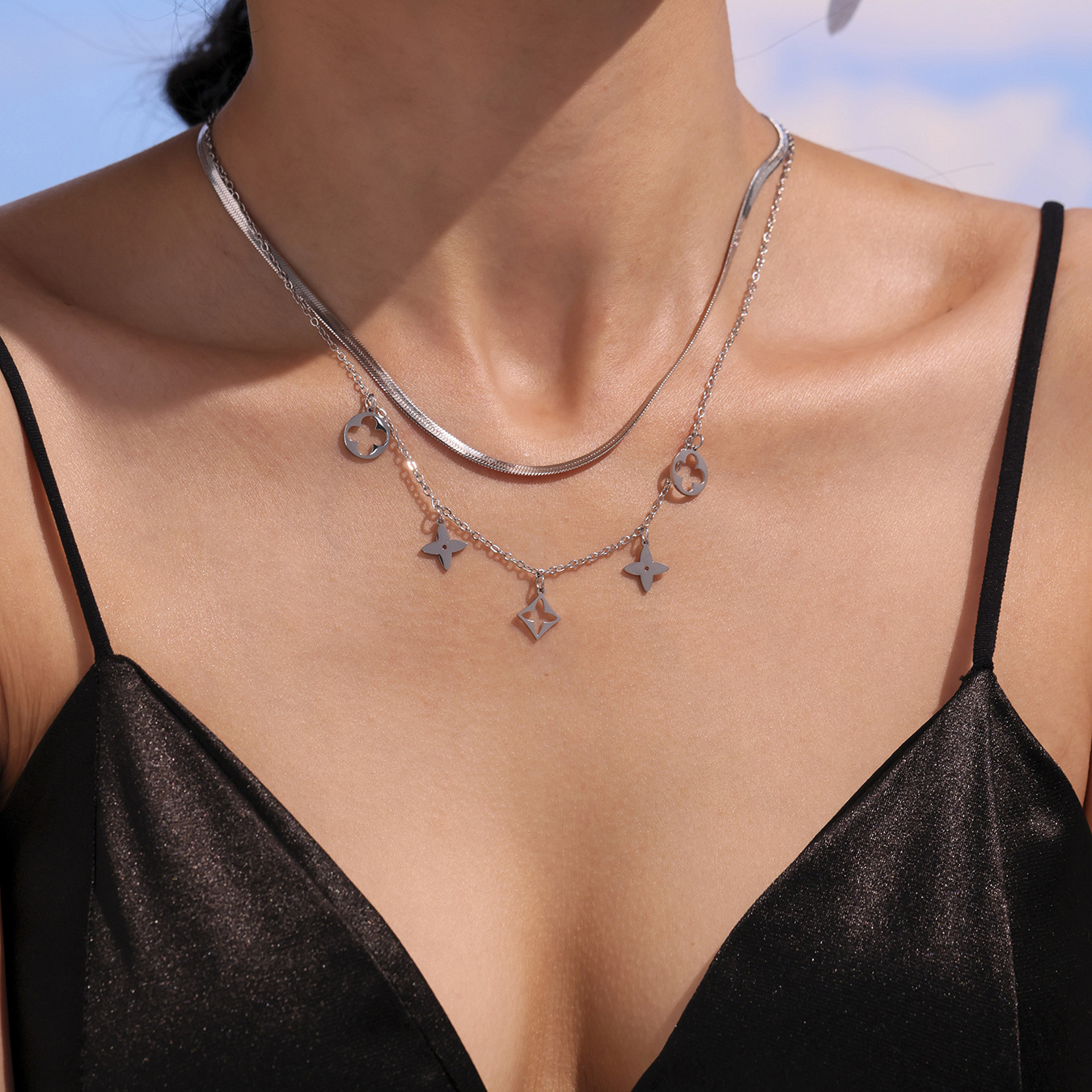 Sugar nuevo colgante de trébol de cuatro hojas de flores huecas de doble cara, doble capa, cadena de clavícula, pulsera, tobillera, juego de joyas