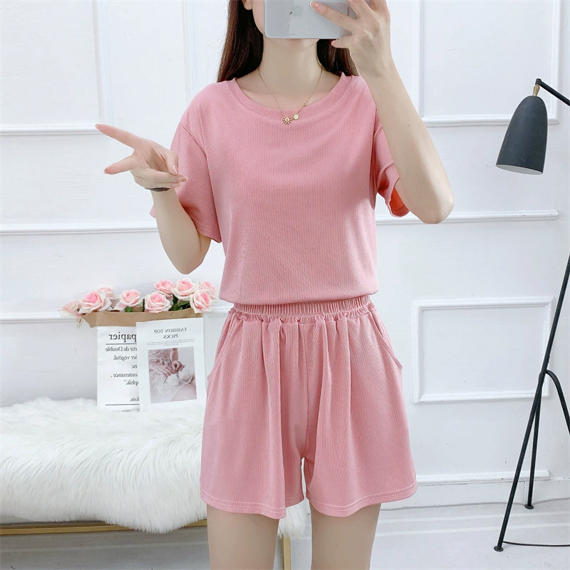 2024 Летний Новый Женский шорты с короткими рукавами, повседневный свободный спортивный костюм, однотонный универсал, костюм из двух предметов в студенческом стиле