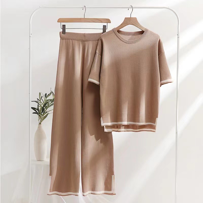 Conjunto de dos piezas de punto para mujer retro cuello redondo_voghion.com