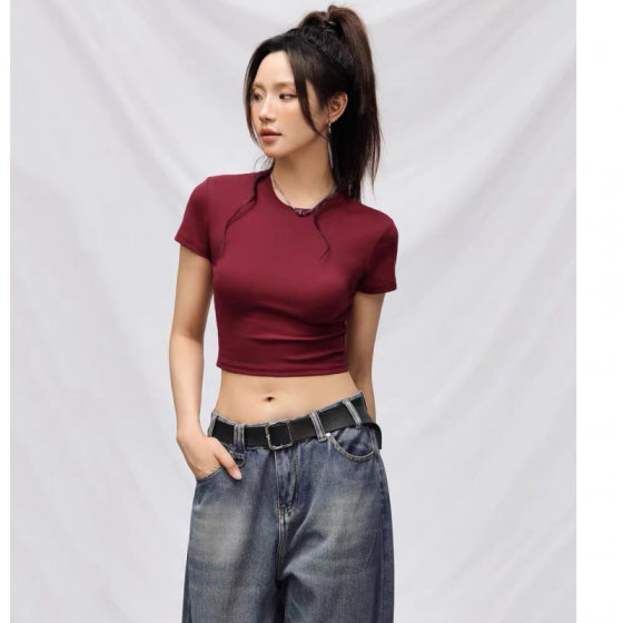 Exhipired Waist Spice Girl Shoulder Short-sleeved T-shirt Women's Summer and Summer Waist-leaking Pure Cotton Slim-fit High Waist Navel-exposed Tight Short Top