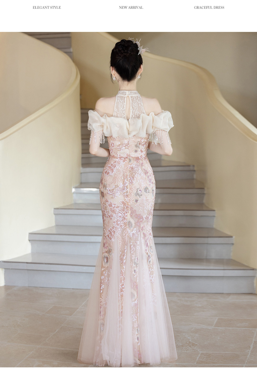 Pink Mermaid Style Bridal Gown Halter Neck off Shoulder Evening Dress Understated Luxury Niche Adult Emcee Morning Robe Toasting Dress_ecoleips.com