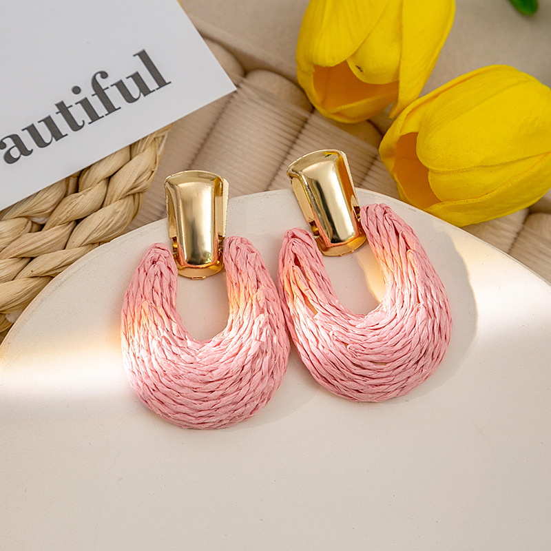 U Shape Pattern 1 Pair Retro U Shape Raffia Drop Earrings
