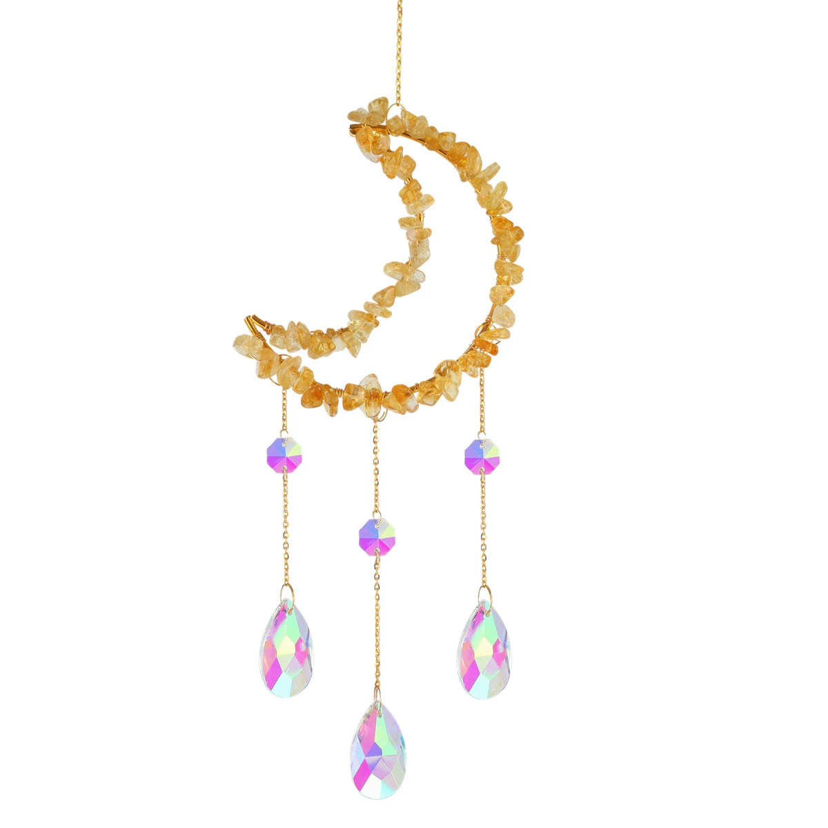 Moon & Star crystal suncatcher, natural gem chips, AB prism drops