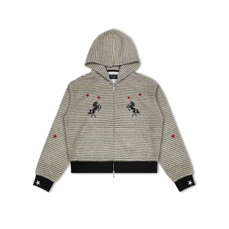 American high street style red star unicorn embroidered zip-up hoodie, early autumn retro striped short wide jacket, European and American fashion American high street style red star unicorn embroidered zip-up hoodie, early autumn retro striped short wide jacket, European and American fashion