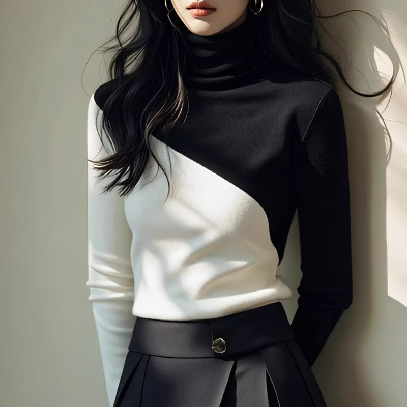 plus size chubby girl Turtleneck Sweater Women's Autumn and Winter New Western-style Design Sweater Slim-fit Color Matching Base Shirt plus size chubby girl Turtleneck Sweater Women's Autumn and Winter New Western-style Design Sweater Slim-fit Color Matching Base Shirt
