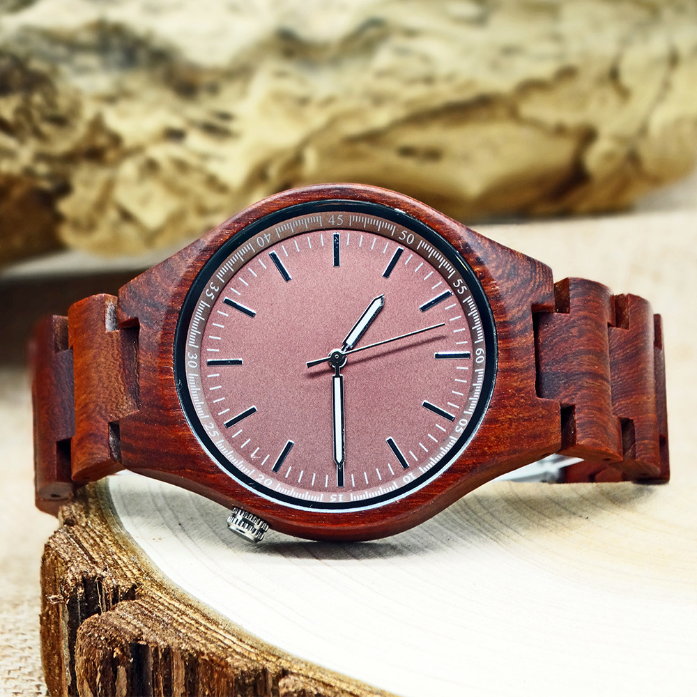 厂家直销休闲复古红檀木手表 三针双按扣木壳木表带 定制木手表