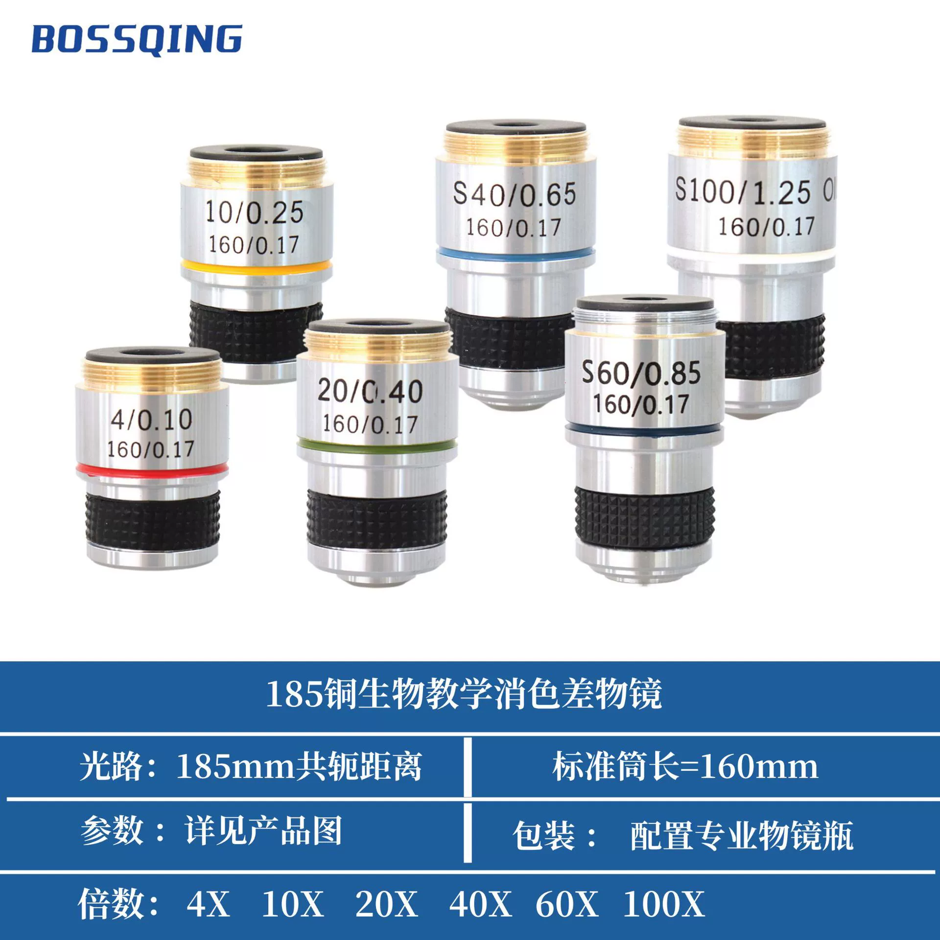 185 металлическая медь Ахроматический оптический микроскоп объектив 4X 10X 20X 40X 60X 100X