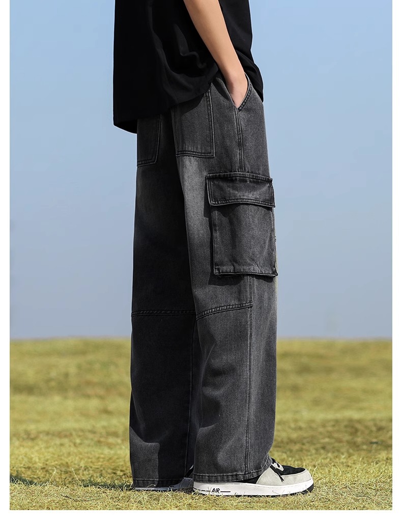 ​​Men’S Cargo Jeans – Vintage Washed Denim Pants With Patchwork & Multi-Pockets​​ Relaxed Straight Fit​​_mkmklike.com