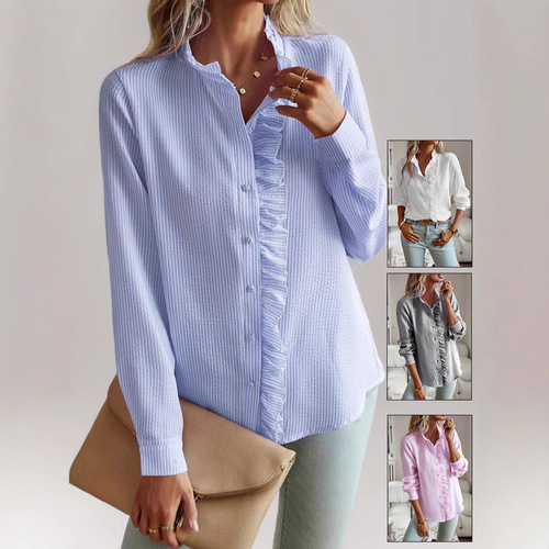 New European and American women's autumn shirt cardigan ruffled long-sleeved bubble top