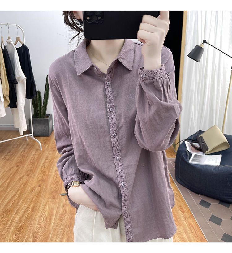 Camisa retro de algodón y cáñamo de color liso para mujer, primavera/verano 2024, nueva camisa holgada de manga larga con encaje y panel de encaje._voghion.com