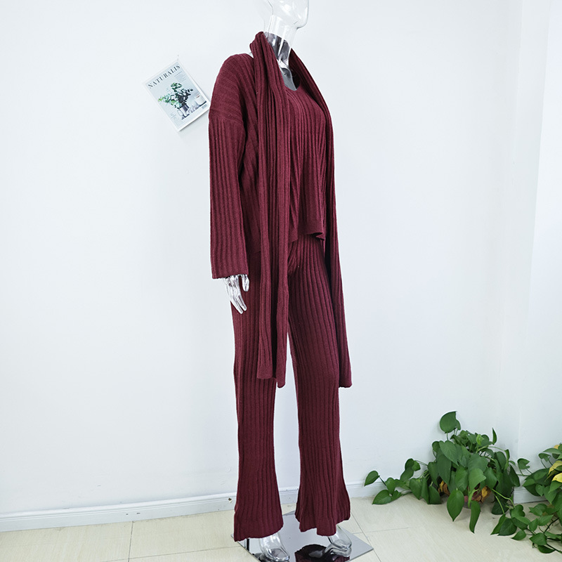 1055g Weight Long Sleeve Sleeve Length Polyester Fabric Type Pant Co-ord Set Sets Type 3 Pieces Set Quantity Holiday Occasion Round Neck Neckline Comfort Function Regular Fit Fit Type Solid Color Pattern Autumn Season Women's Gender Vacation, Simple Style Style Wine Red Color Holiday Wine Red Women's Vacation Simple Style Solid Color Polyester Pant Co-ord Set Pants Sets 1