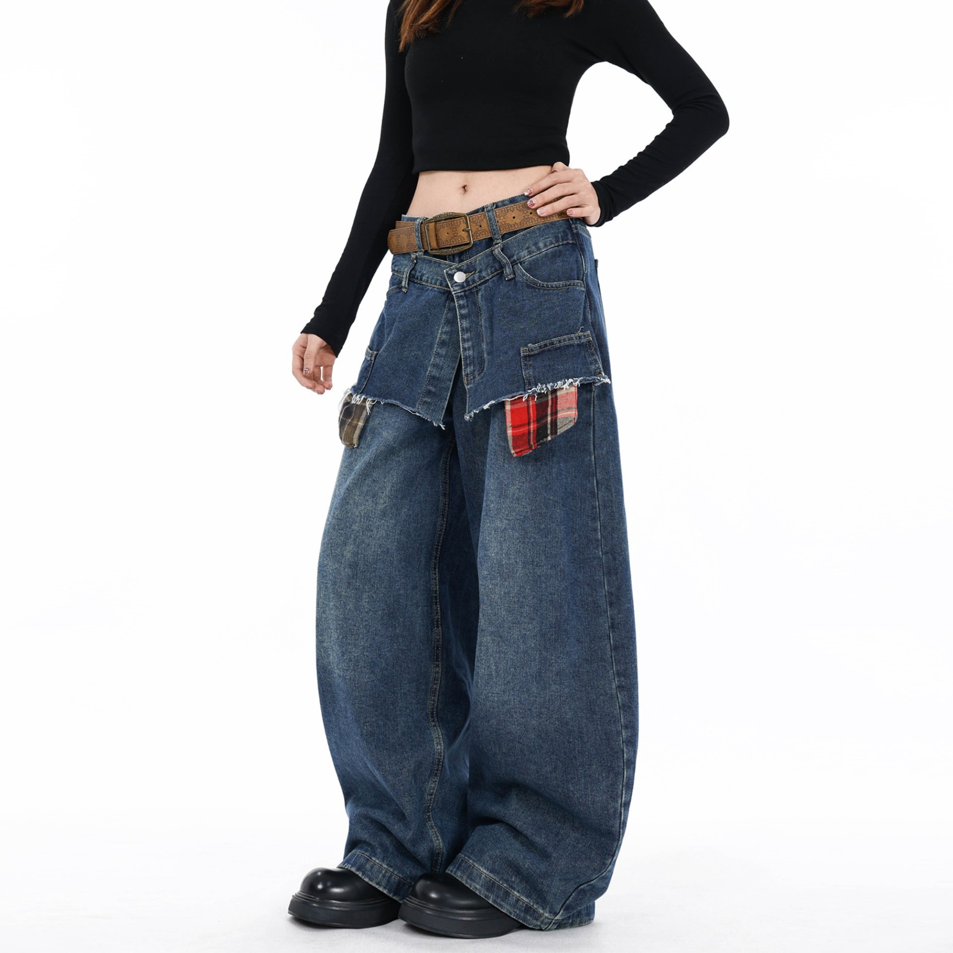 Men's Oversized Distressed Jeans High Street Style Fake Two-Pocket Design Relaxed Wide Leg Cotton Vintage Wash Unisex Streetwear_mkmklike.com
