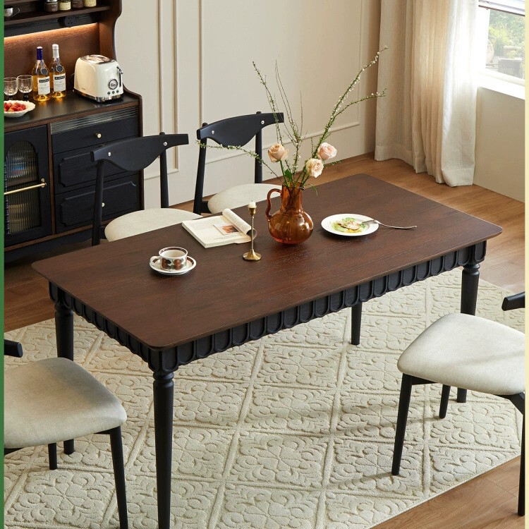 French Solid Wood Dining Table for Home Small Apartment Wavy Edge Rectangular Dining Table Restaurant Retro Storage Dining Table