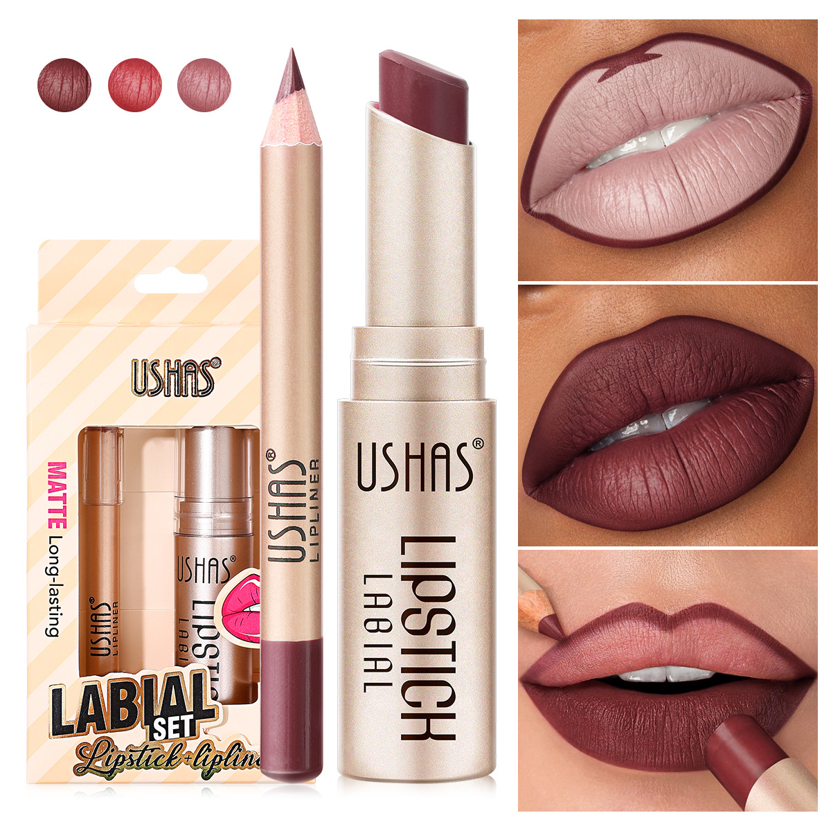 USHAS Europa y los Estados Unidos en stock transfronterizo lápiz labial + lápiz labial impermeable a prueba de agua permanente conjunto de lápiz labial US011