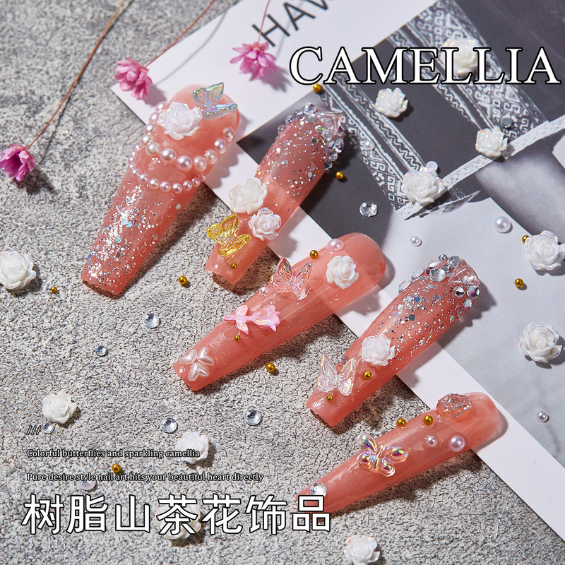Nail art net red camellia fairy rose pearl ice through butterfly resin three-dimensional nail art jewelry diamond steel beads mixed