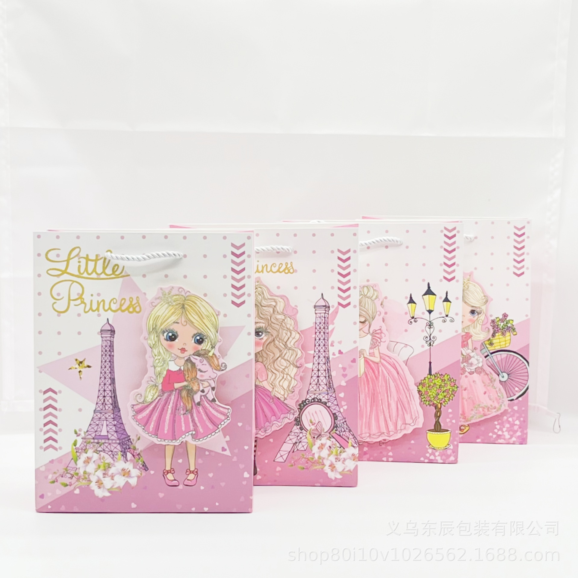 粉色少女浪漫手提袋埃菲尔铁塔金发公主裙女孩送礼通用白卡袋