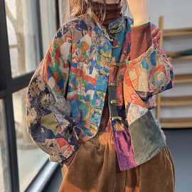 复古印花外套女秋冬新款文艺棉麻开衫女士中式盘扣棉衣灯芯绒