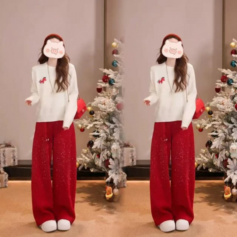 Red High-Waisted Wide-Leg Sweatpants with Rhinestones for Women, Perfect Fit, New Spring Style, Slimming Casual Pants for Petite Women Red High-Waisted Wide-Leg Sweatpants with Rhinestones for Women, Perfect Fit, New Spring Style, Slimming Casual Pants for Petite Women