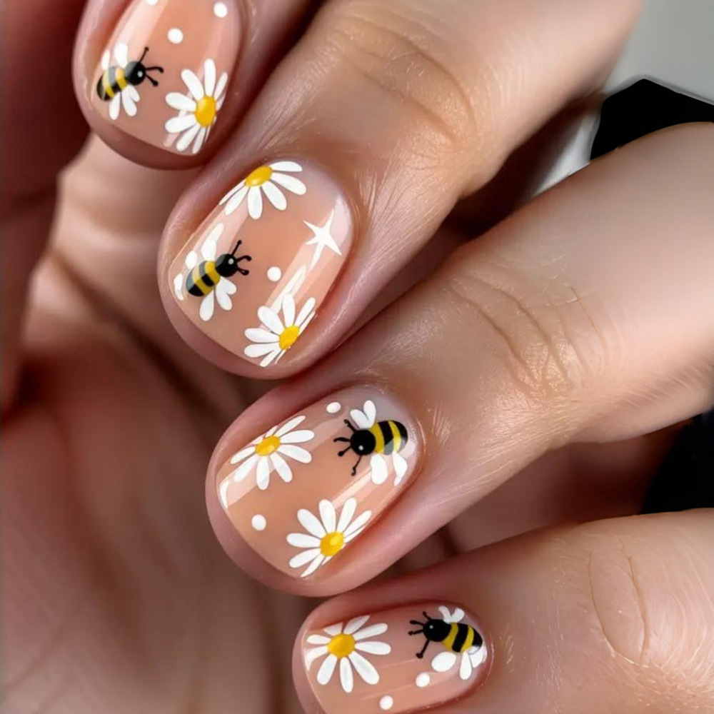 Flores de abeja de verano, uñas frescas, 24 piezas de polvo desnudo, uñas falsas transfronterizas, lotes mixtos.