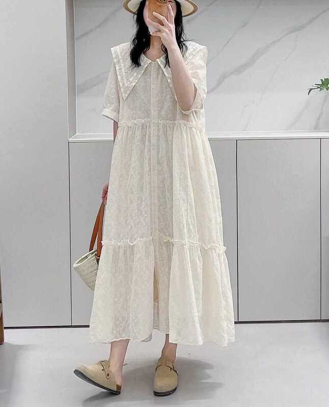 23 Xia Xin French Elegant Long Skirt with Large Collar, Lace Waist, Front Button, Cotton Embroidered Short-Sleeved Dress, Princess Dress