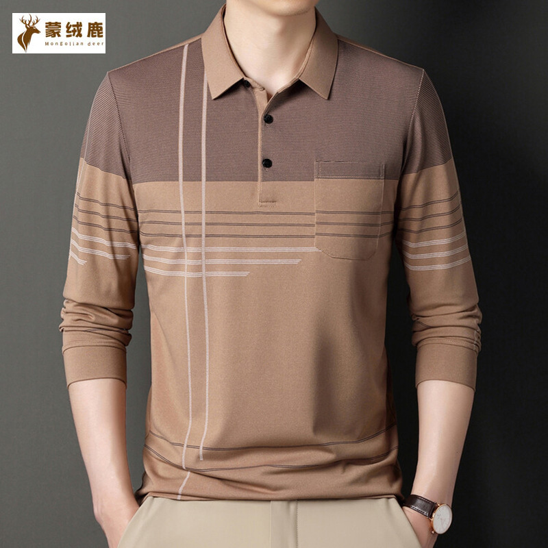 时尚精品爸爸长袖t恤棉质中年父亲长袖t恤男上衣男有口袋打底polo