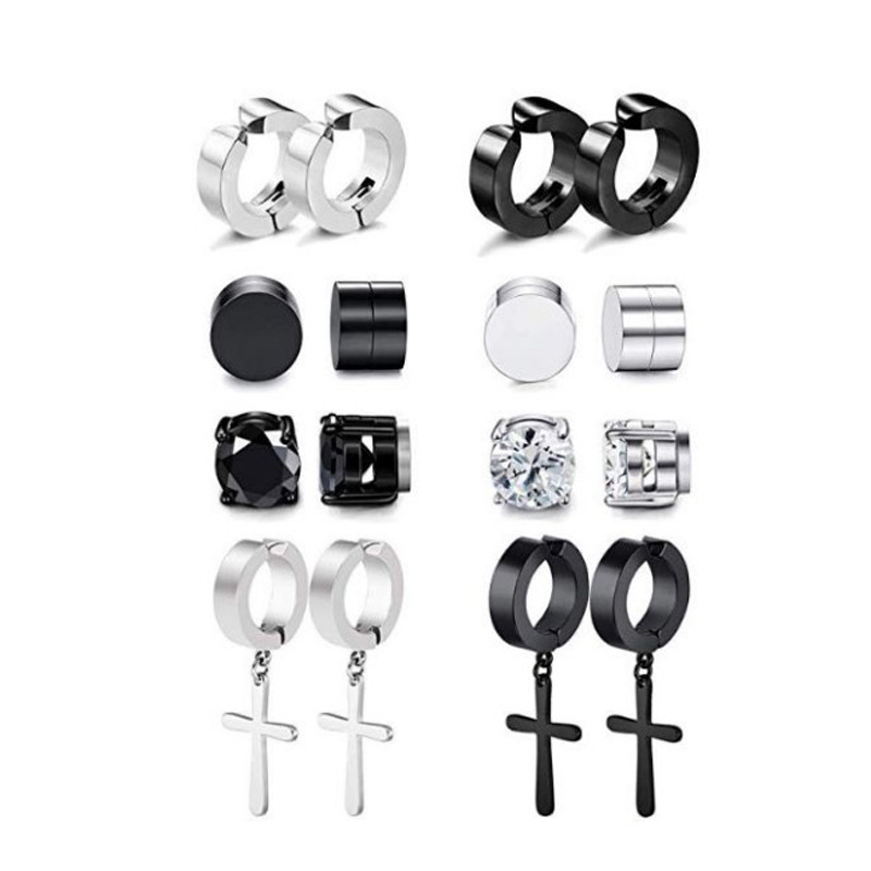 Set di orecchini da uomo in acciaio al titanio con magnete a croce in zircone non forato, gioielli punk di nicchia_voghion.com