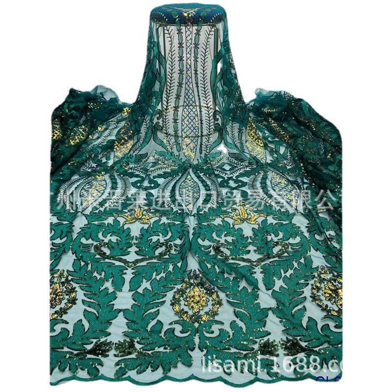 罗马定位花纹法国风格植物绣花婚纱蕾丝 欧美鱼尾连衣裙亮片面料