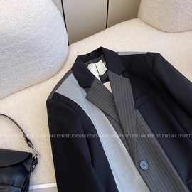 大码西装外套女设计感小众秋装新款胖mm韩版时尚撞色拼接西服上衣