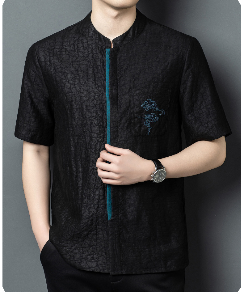 Áo sơ mi ngắn tay nam cổ đứng lụa tơ tằm 100% Mulberry Silk phong cách vintage — Da đen 26638 chi tiết 10