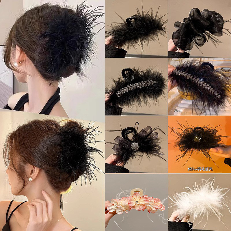 2024 explosión de tiburón clip de plumas clip de cabello de avestruz de alta calidad cabeza de invierno de otoño atrapar cabello de super hadas tocado