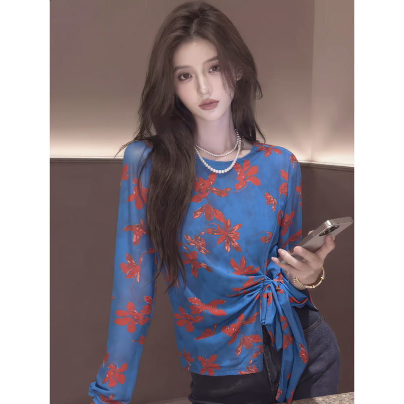 Blue printed lace-up waist-cinching long-sleeve mesh T-shirt for women, summer thin sun-protective cover-up with unique design