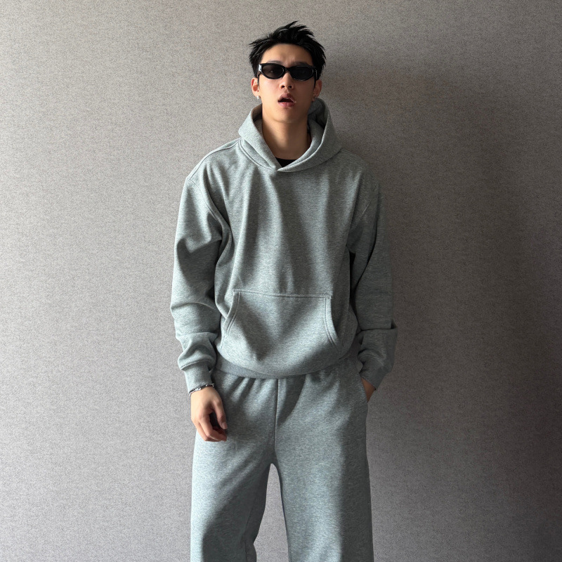 American-Style Heavyweight Fleece-Lined 500g Warm Pullover Solid Color Sweatshirt Straight Loose Scimitar Casual Pants Short Wide Men