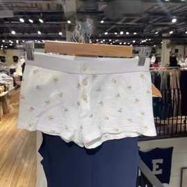 BM风 美式碎花华夫格短裤女百搭三粒扣松紧腰裤子