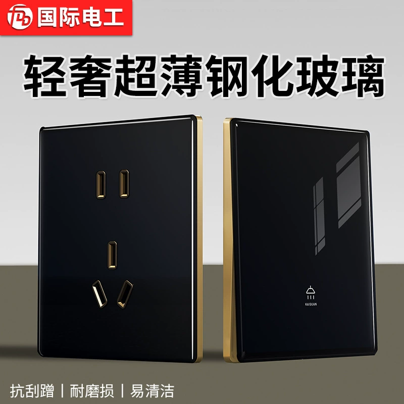 Подтусклый тип 86 ультратонкий черный закаленное стекло выключатель розетки панели стены дома пять отверстий розетки питания оптом