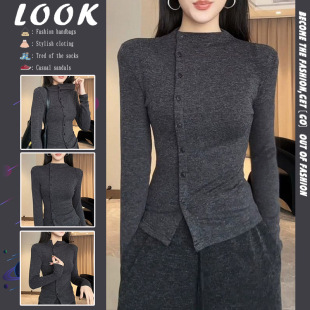 Pure Desire Style Elegant Single-breasted Sanding Long-sleeved T-shirt Women's Autumn New Slim-fit Slimming Design Sense Inner Top