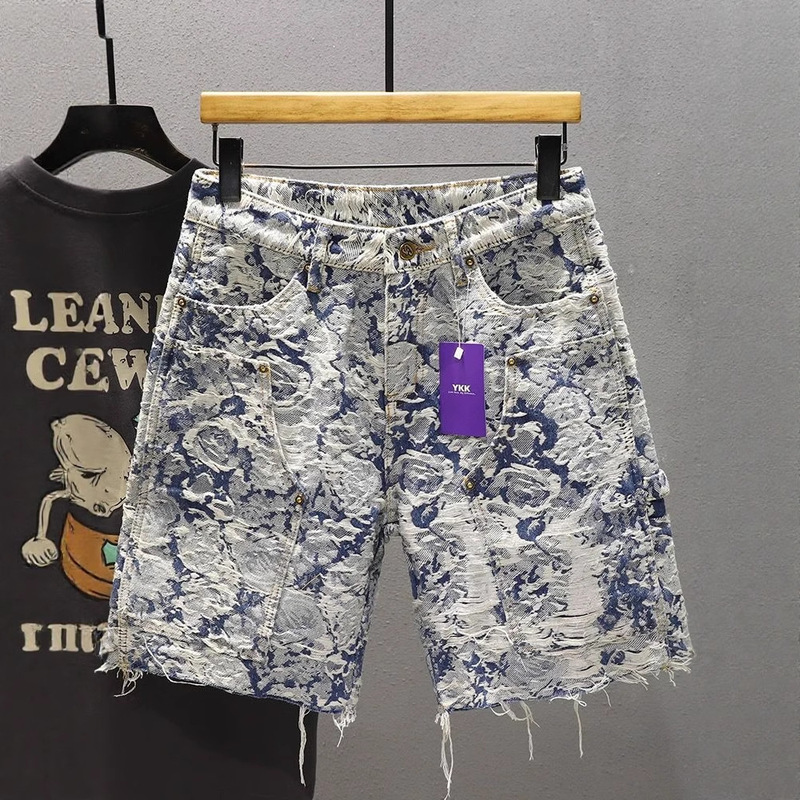 European High-End Designer Floral Denim Shorts for Men, Fashionable and Versatile, Loose-Fitting Blue and White Porcelain Five-Point Casual Pants