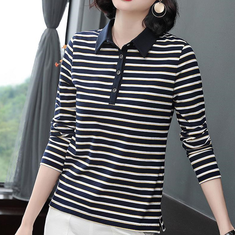 Middle-Aged and Elderly Women's Clothing Spring & Fall Mother's Clothing Stripesd T-Shirt Women's Bottoming Shirt Lapel Long-Sleeved T-Shirt Women's Street Stall Clothing Middle-Aged and Elderly Women's Clothing Spring & Fall Mother's Clothing Stripesd T-Shirt Women's Bottoming Shirt Lapel Long-Sleeved T-Shirt Women's Street Stall Clothing