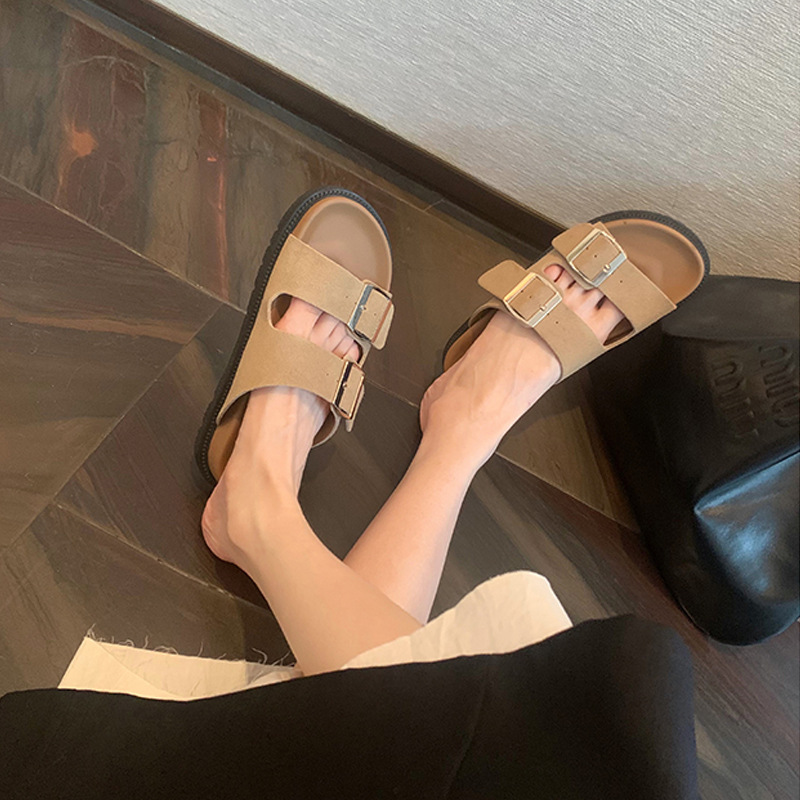 Vacaciones de Grape Mom Texas ~ Piel de vaca retro plataforma doble hebilla zapatillas Birken sandalias y zapatillas de verano para mujer