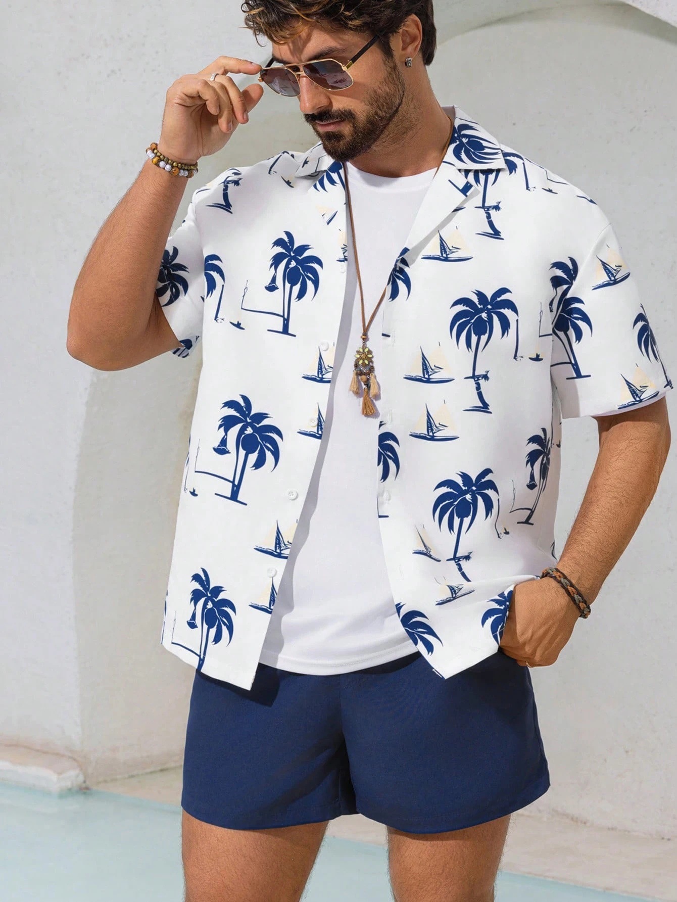 Comercio exterior transfronterizo retro camisa de botón de verano set de pantalones cortos 3D impresión casual vacaciones cardigan hombre set de dos piezas